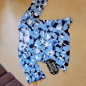 Ashley Judd Blouse Large Navy Blue White Tulip Sleeve